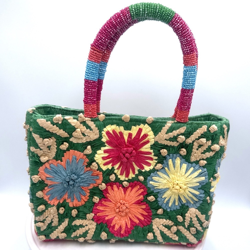 Anthropologie Raffia Floral Embroidered Tote Bag Purse Green Beaded Handles Boho